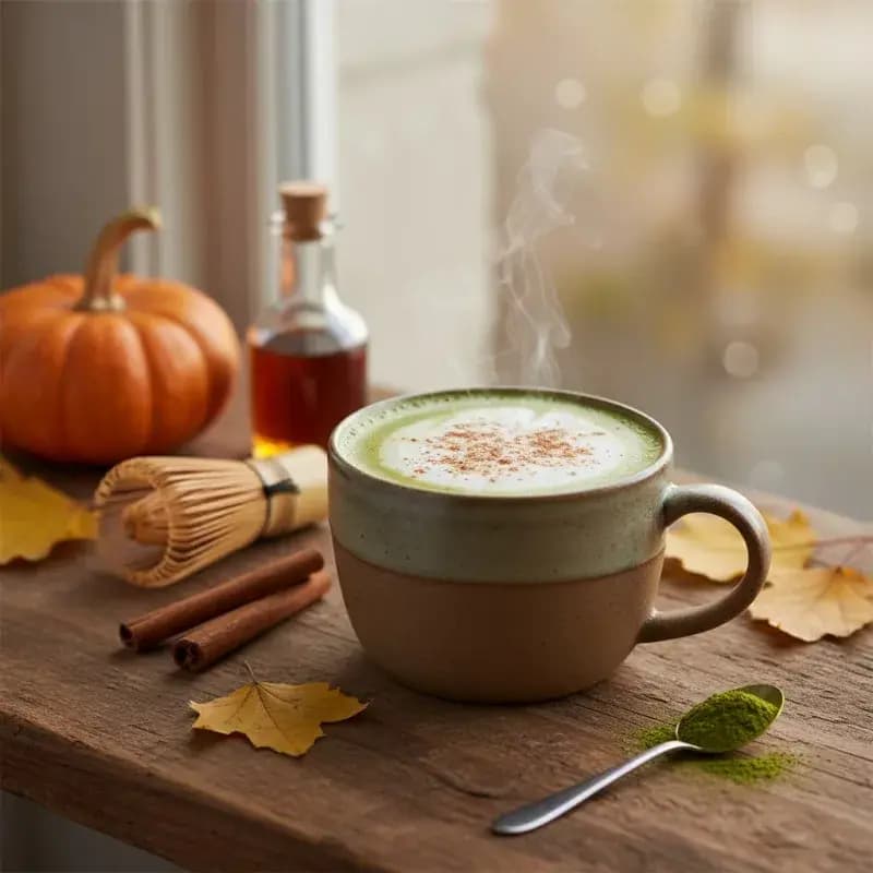 Pumpkin Spice Matcha Latte mit feinem Schaum und Gewürzstreu