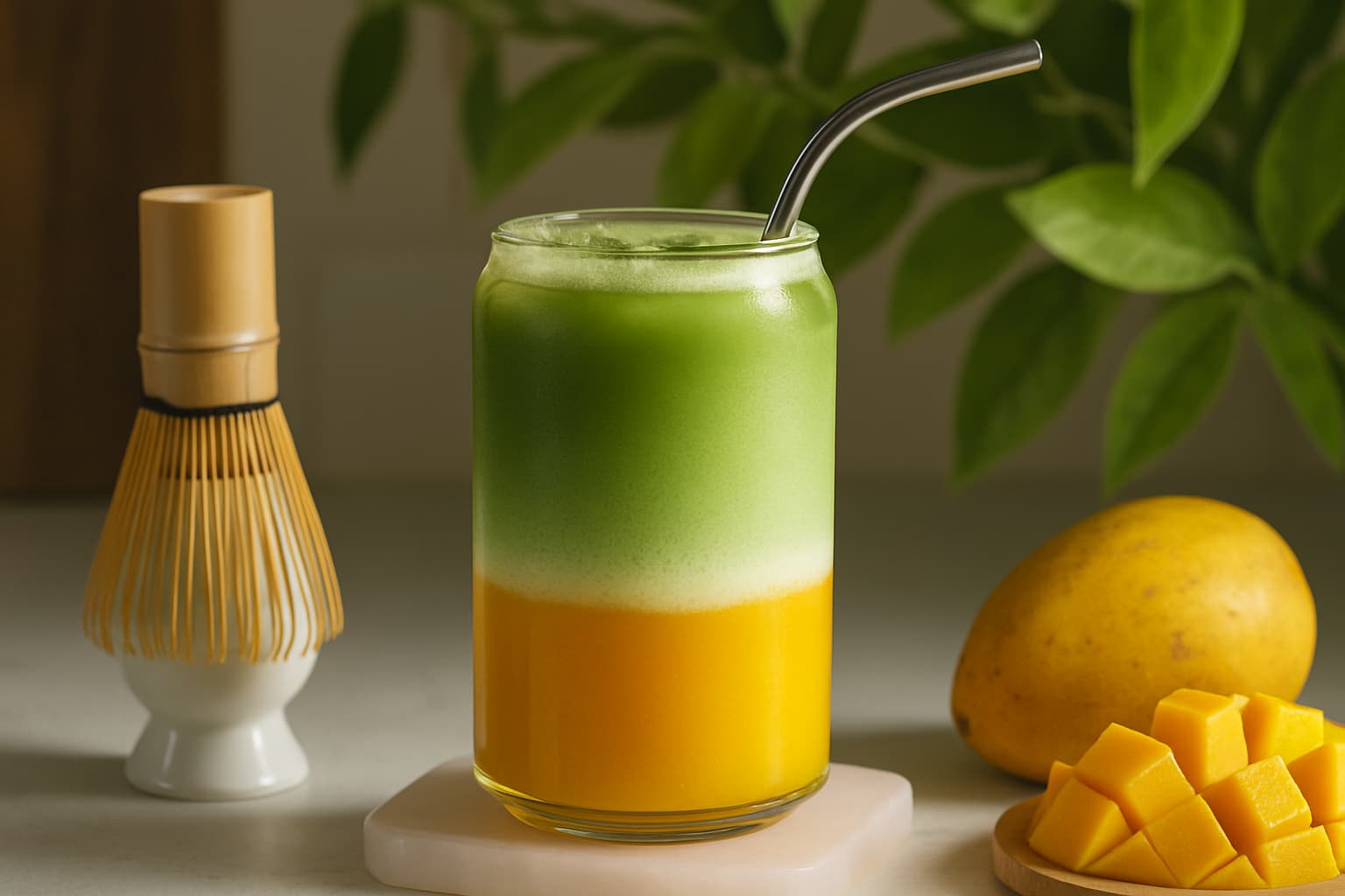 Mango Matcha Latte mit Mango- und Matcha-Schichten