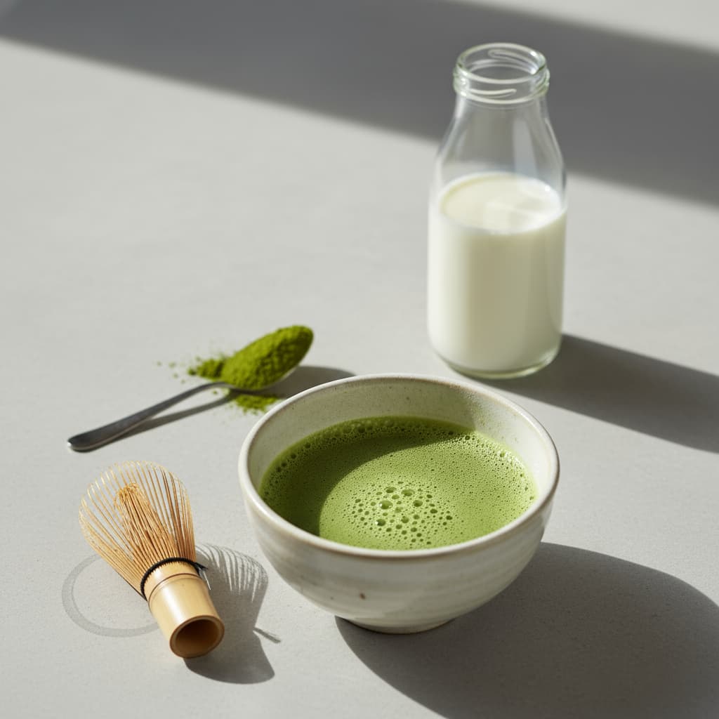 Schale Matcha neben Milchglas – Kontrast von Jadegrün und Weiß