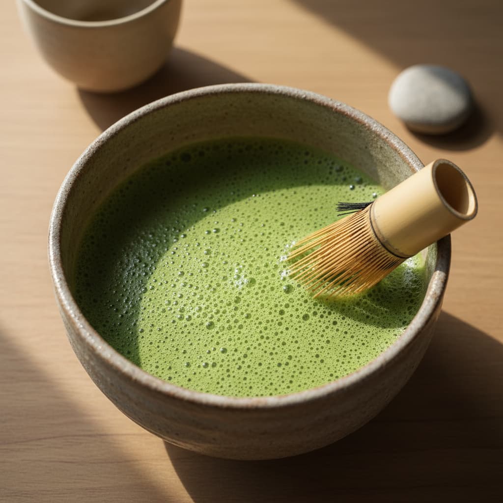 Aufsicht auf frisch aufgeschlagene Matcha-Schale mit dichtem jadegrünem Mikro-Schaum