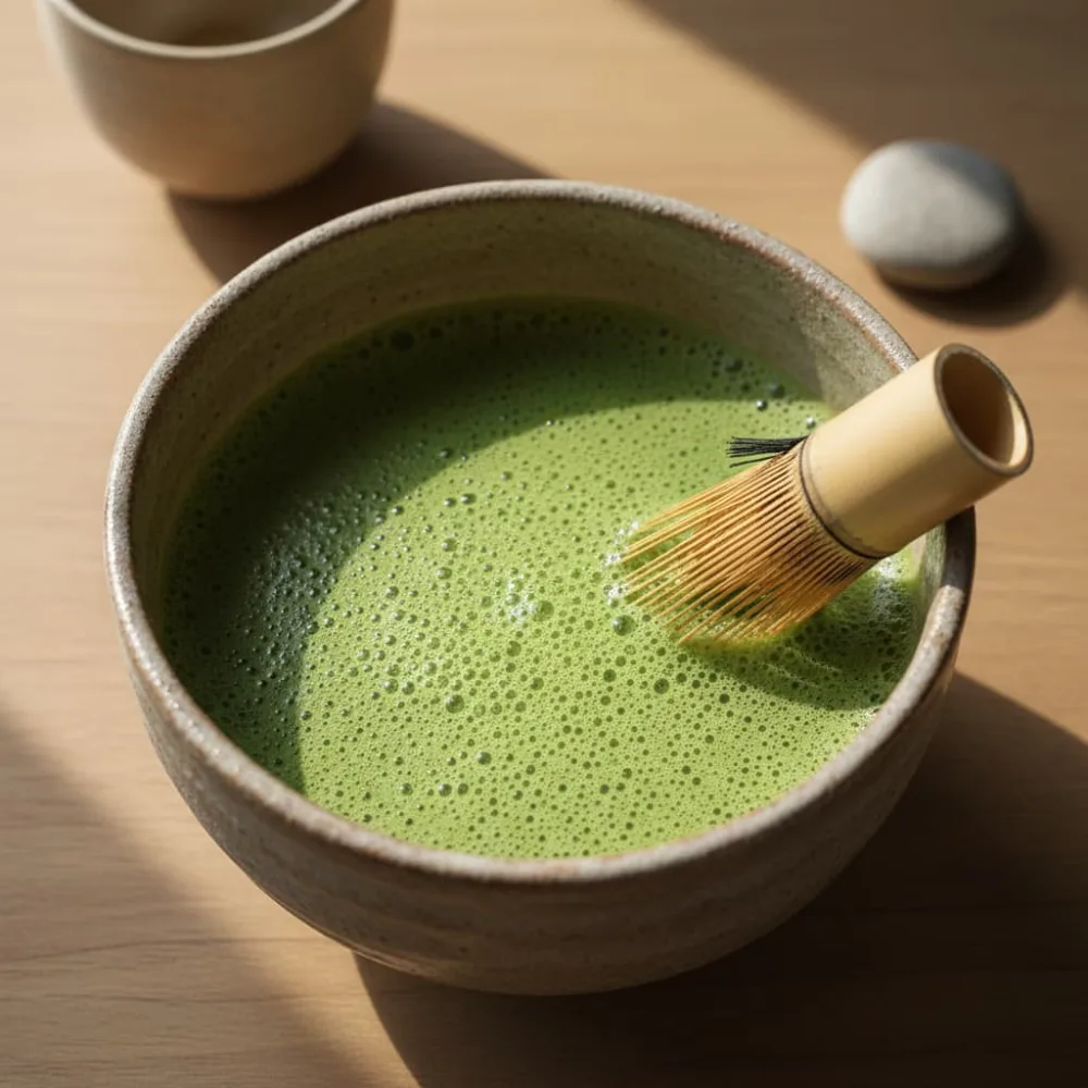 Aufsicht auf frisch aufgeschlagene Matcha-Schale mit dichtem jadegrünem Mikro-Schaum