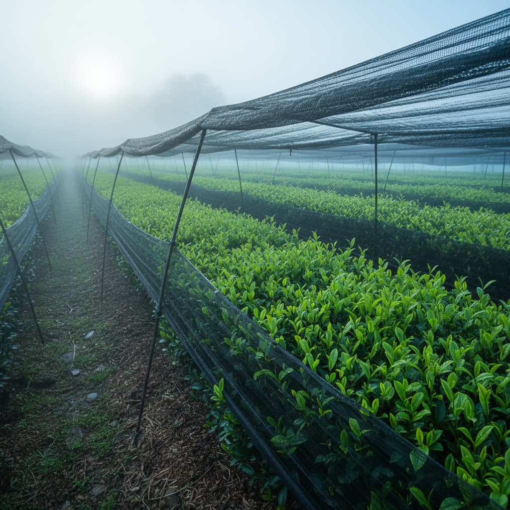 Beschattete Matcha-Teefelder im frühen Morgenlicht – dunkle Netze, diffuses Licht, sattes Tiefgrün