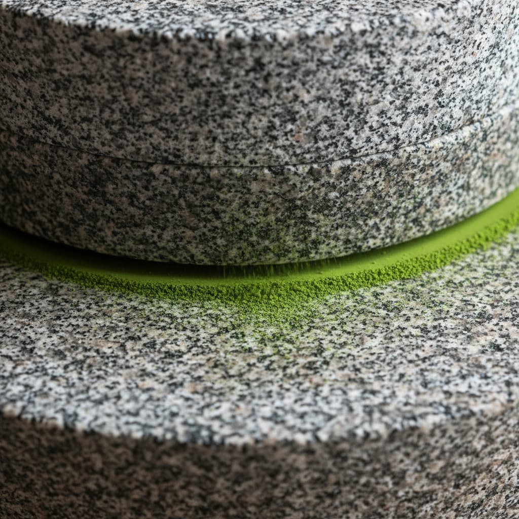 Traditionelle Granit-Steinmühle mit feinem Matcha-Pulverring – weiches Seitenlicht