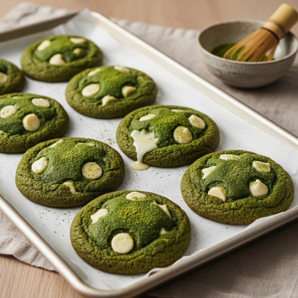Chewy Matcha Cookies mit Stückchen weißer Schokolade auf einem Blech