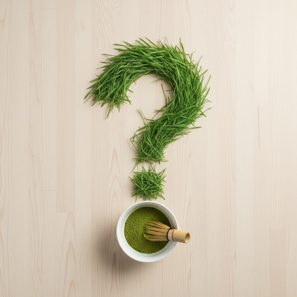 Schale mit leuchtend grünem Matcha und Fragezeichen aus Gras