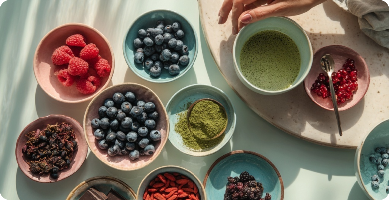 Frische Zutaten und Matcha-Pulver in Schalen